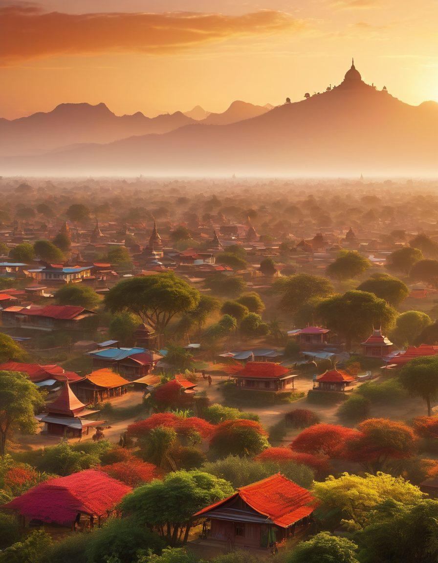A panoramic view of a vibrant Burmese landscape at sunrise, with traditional pagodas in the foreground, a bustling adult community engaging in colorful outdoor activities, and local artisans showcasing their crafts. Include vibrant colors and rich details reflecting cultural diversity, all set against a serene horizon that symbolizes new beginnings. super-realistic. vibrant colors. 3D.