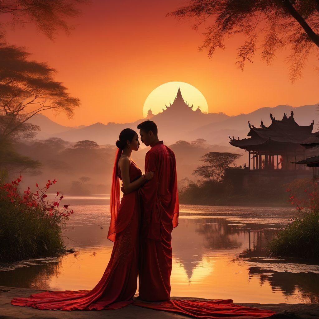 A serene Burmese landscape at twilight featuring silhouettes of traditional temples, intertwined with flowing silk fabric in rich reds and golds. In the foreground, a couple sharing an intimate moment, gazing into each other's eyes, surrounded by soft candlelight and subtle hints of natural elements like bamboo and lotus flowers, evoking a sense of eroticism and connection. mystical and warm tones. super-realistic. vibrant colors.